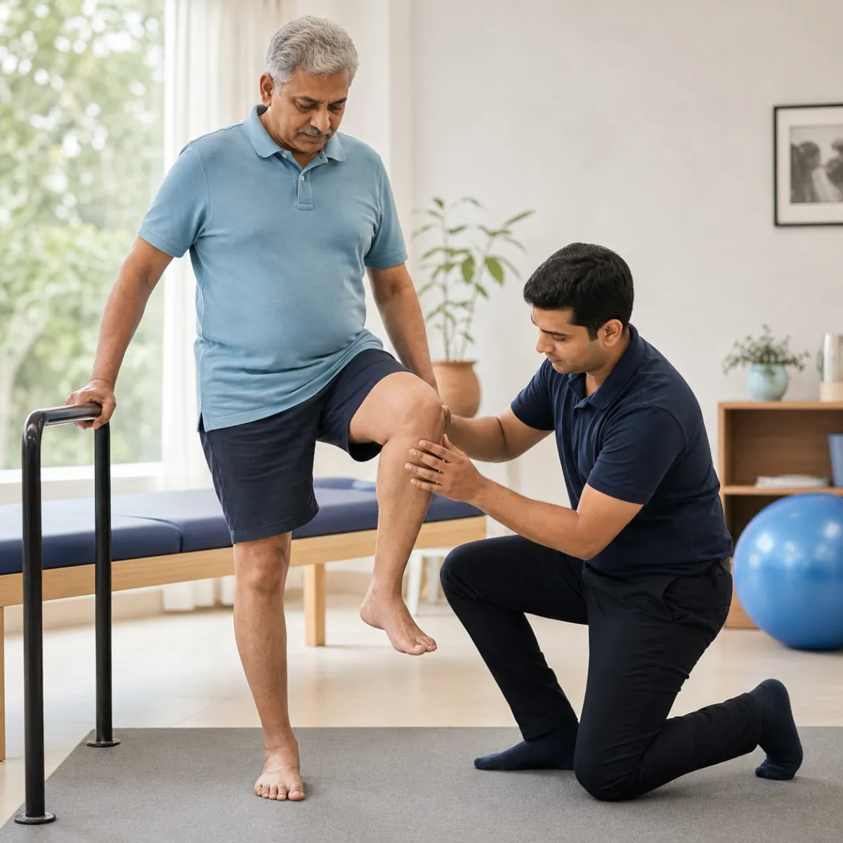 Physiotherapist assessing symptoms and functional limitations relevant to Total Knee Replacement Rehabilitation in Kolkata