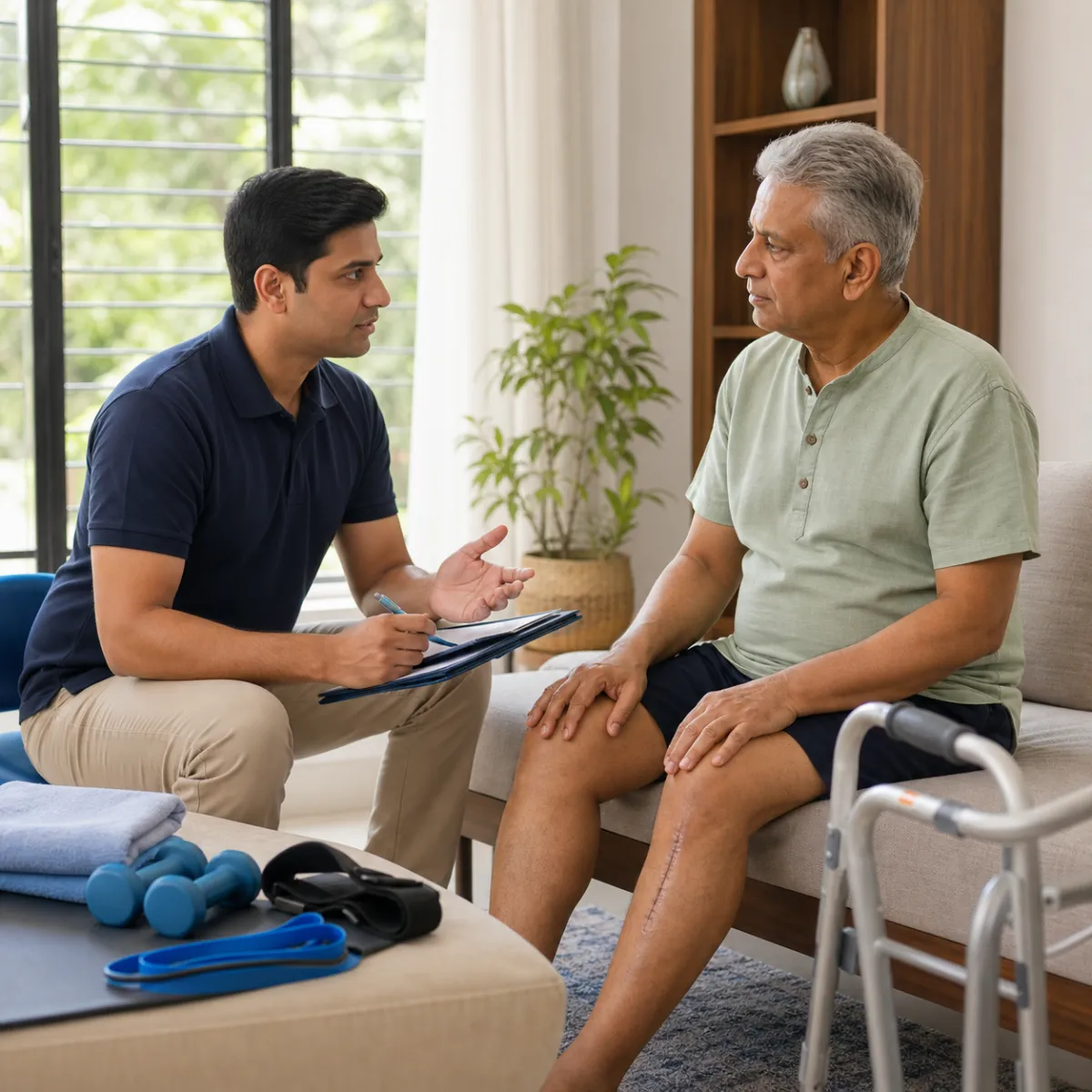 Physiotherapist completing an individualized Total Knee Replacement Rehabilitation assessment in Kolkata
