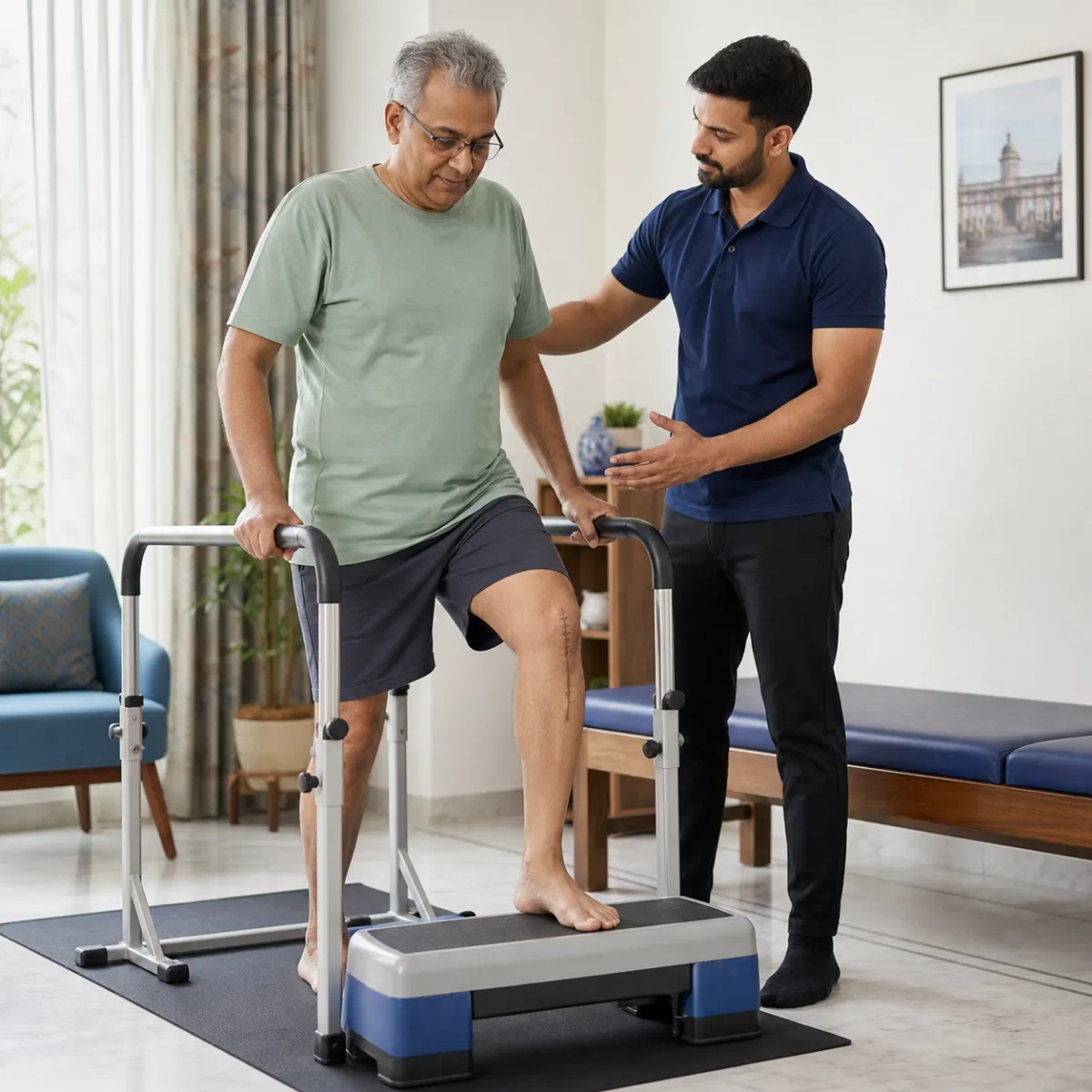 Physiotherapist guiding a structured Total Knee Replacement Rehabilitation treatment session in Kolkata