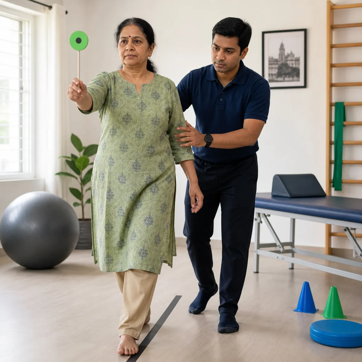 Physiotherapist guiding a structured Vestibular Rehabilitation treatment session in Kolkata
