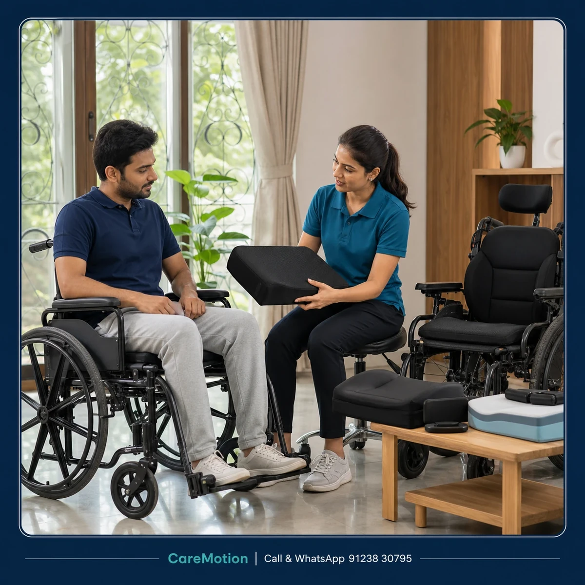 CareMotion physiotherapist delivering a personalized Wheelchair Assessment and Training service in Kolkata